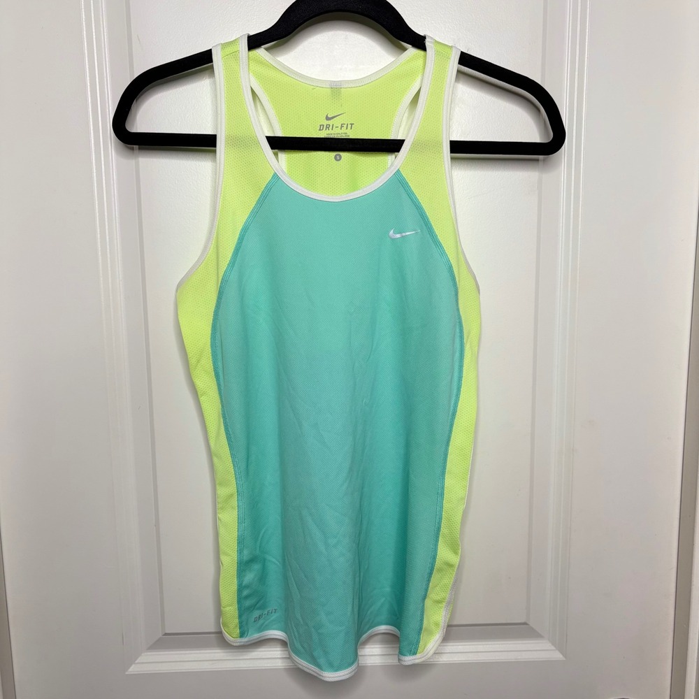 Nike Dri-FIT Womens Racerback Tank Top Teal Neon Yellow Mesh Running Gym Small